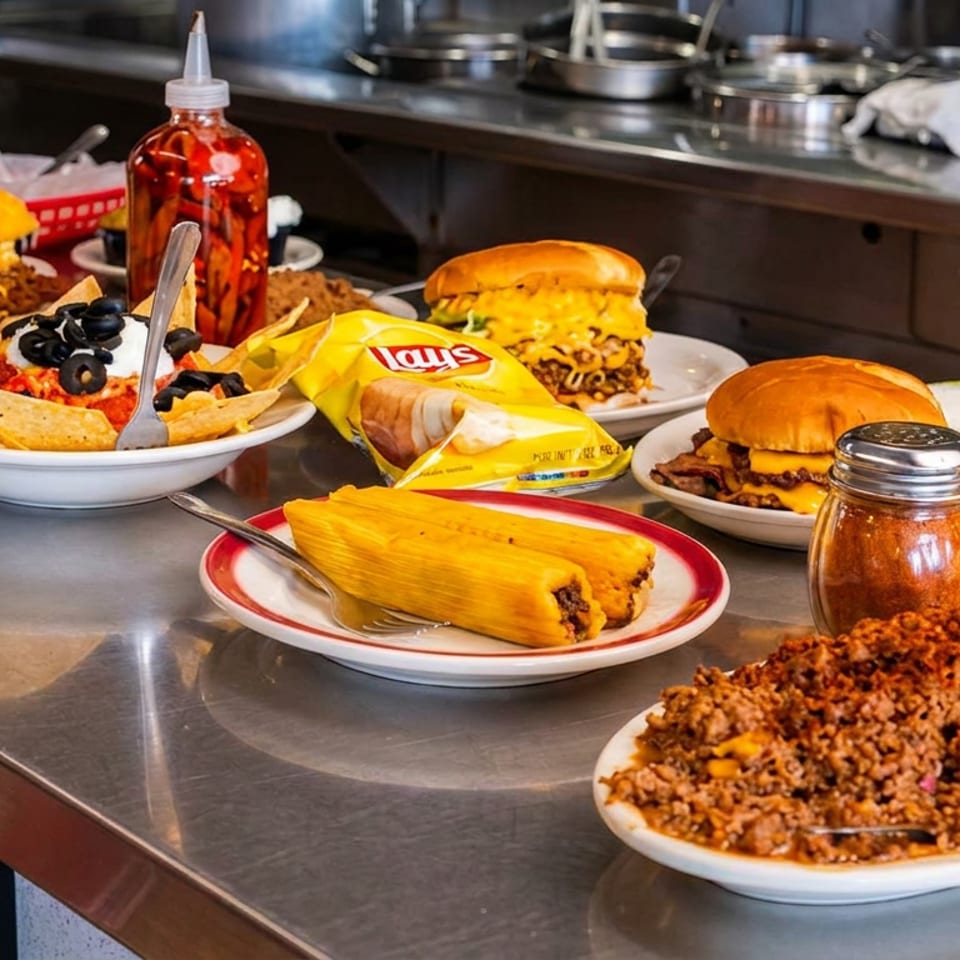 Restaurant counter laden with nachos, burgers, tamales, tacos, and chili.