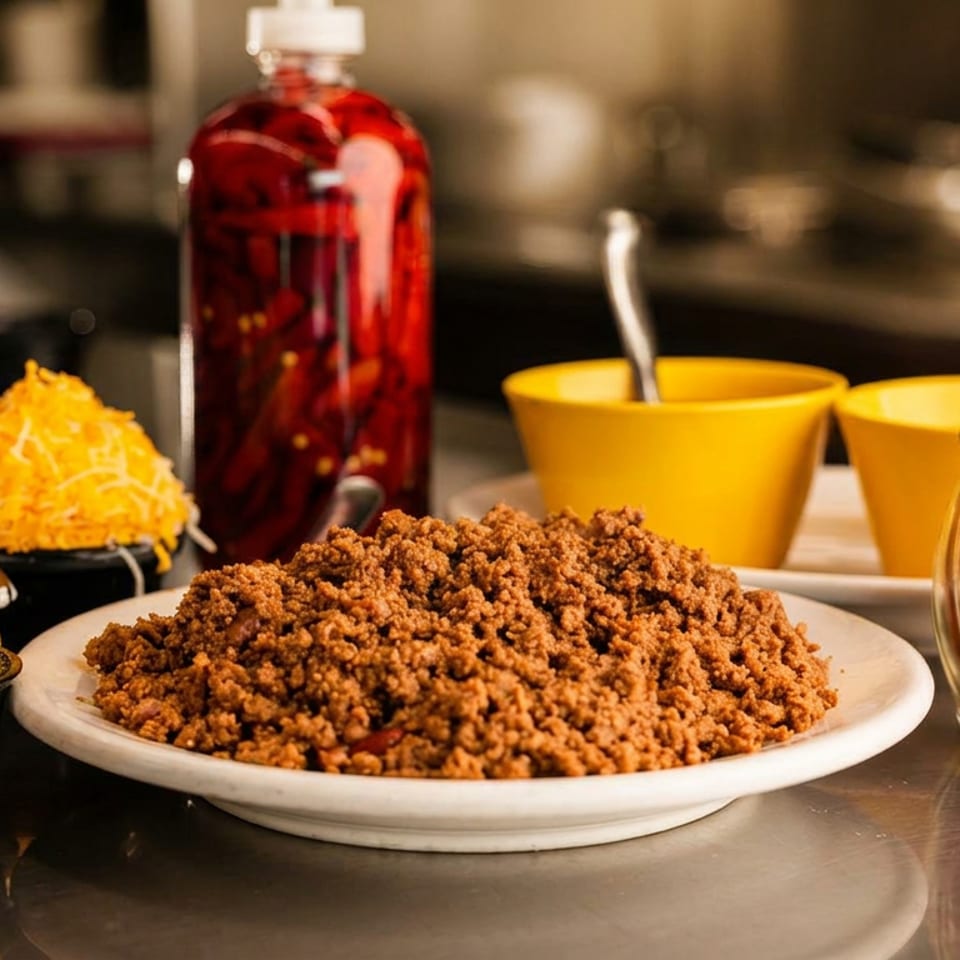 Plate of ground meat with shredded cheese, diced onions, relish, chili peppers, and spice shaker.